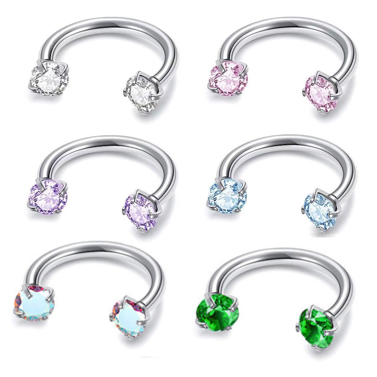 G23 Multi-Color Zircon Horseshoe Ring Double-Headed Inner-Tooth Stud Ear Bone Nail Earring