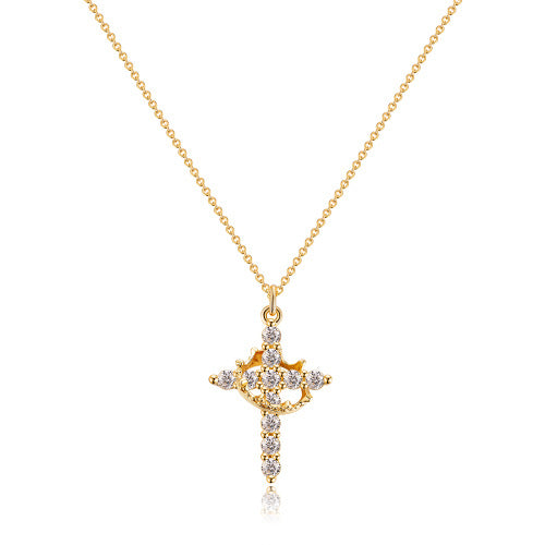 Fashion Jewelry Cross Full Diamond Crown Rotatable Pendant Necklace