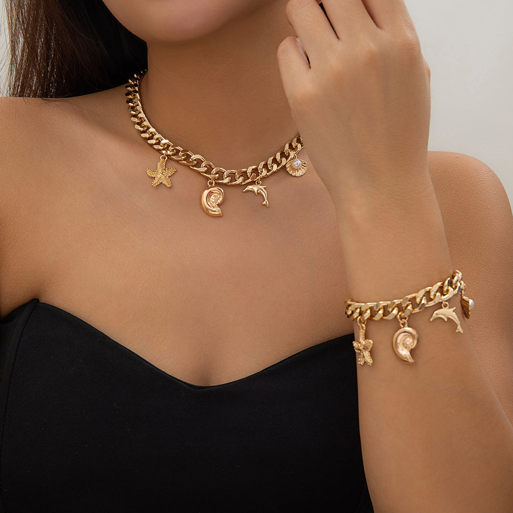 Boho Conch Dolphin Starfish Pendant Choker Necklace & Bracelets for Women – Trendy Vintage Tassel Chain Grunge Fashion Jewelry