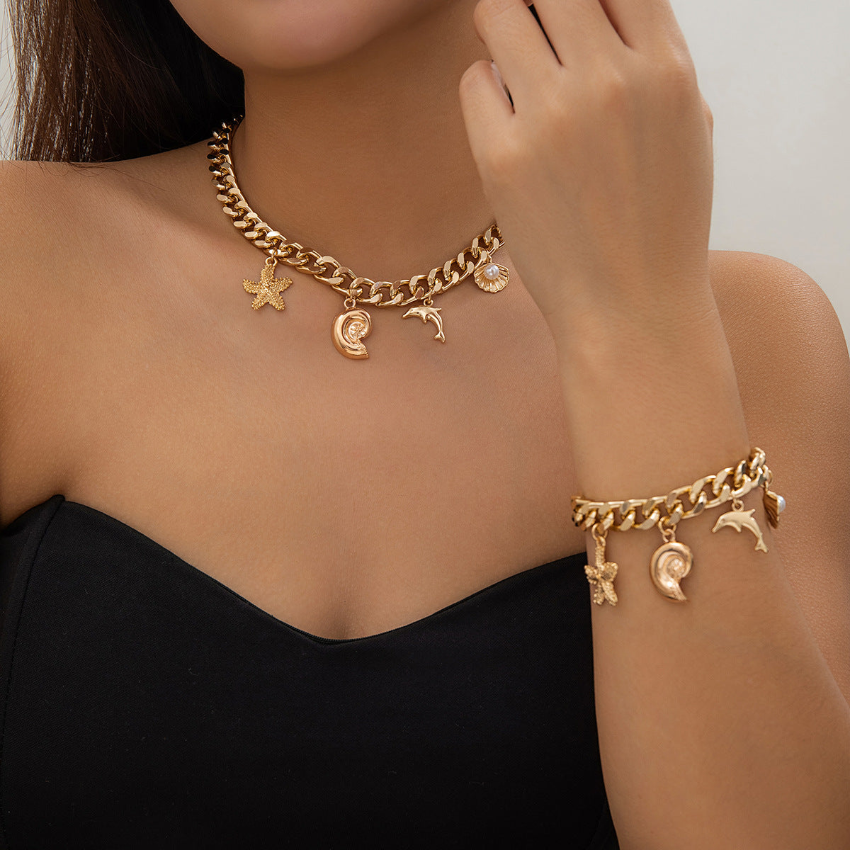 Boho Conch Dolphin Starfish Pendant Choker Necklace & Bracelets for Women – Trendy Vintage Tassel Chain Grunge Fashion Jewelry