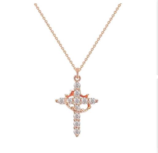 Fashion Jewelry Cross Full Diamond Crown Rotatable Pendant Necklace