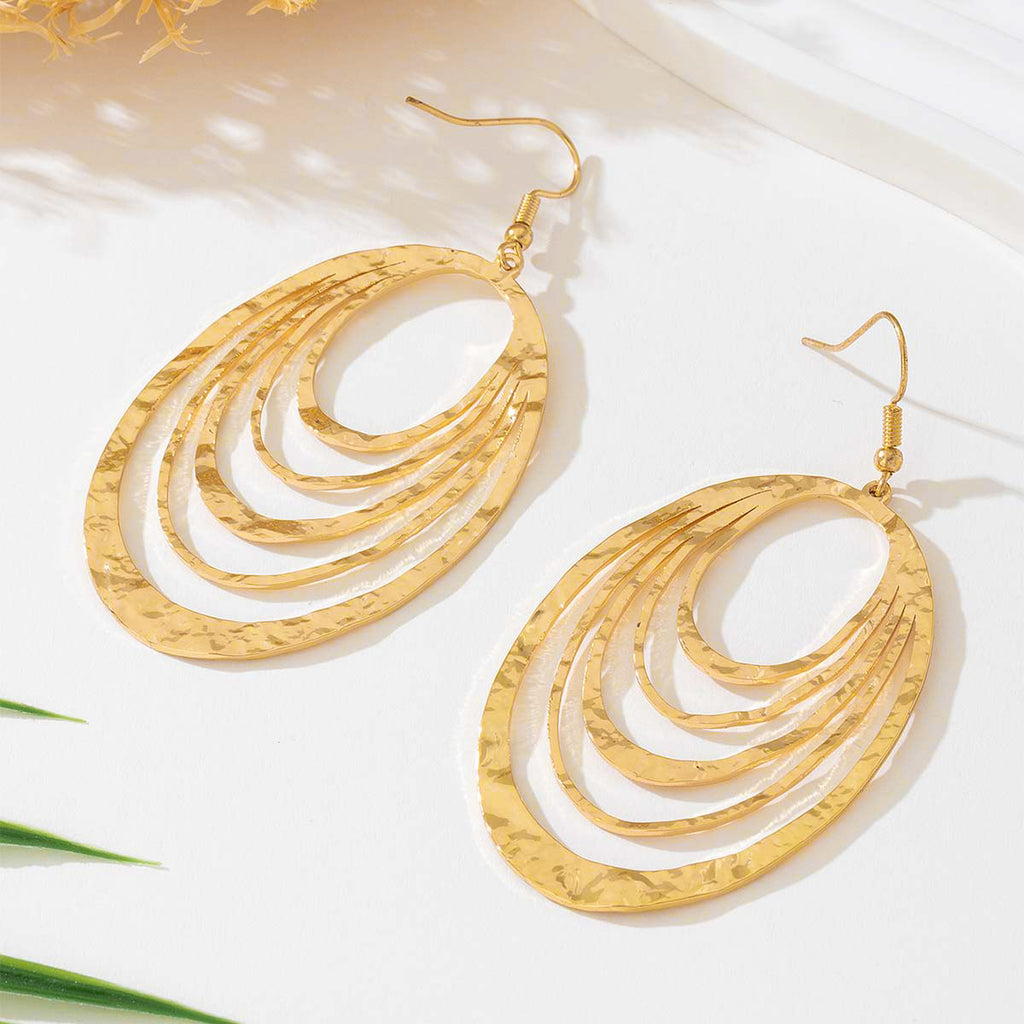 Elegant European & American Fashion 3-Layer Hollow Oval Gold-Tone Stainless Steel Dangle Drop Earrings