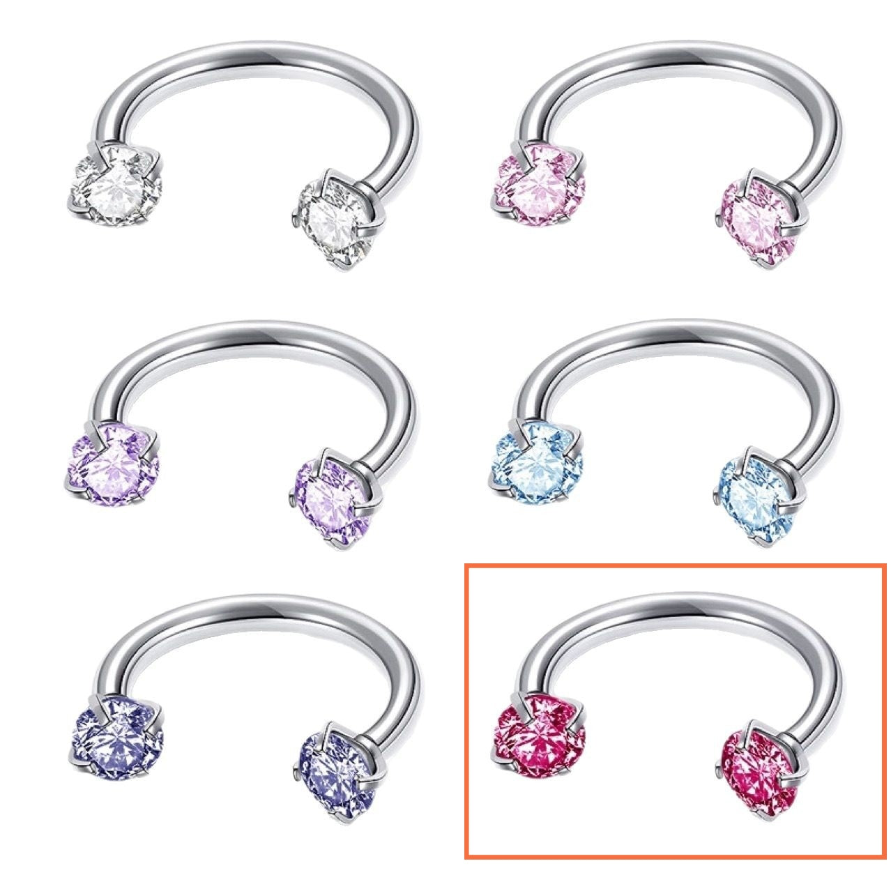 G23 Multi-Color Zircon Horseshoe Ring Double-Headed Inner-Tooth Stud Ear Bone Nail Earring