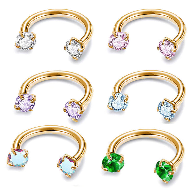 G23 Multi-Color Zircon Horseshoe Ring Double-Headed Inner-Tooth Stud Ear Bone Nail Earring