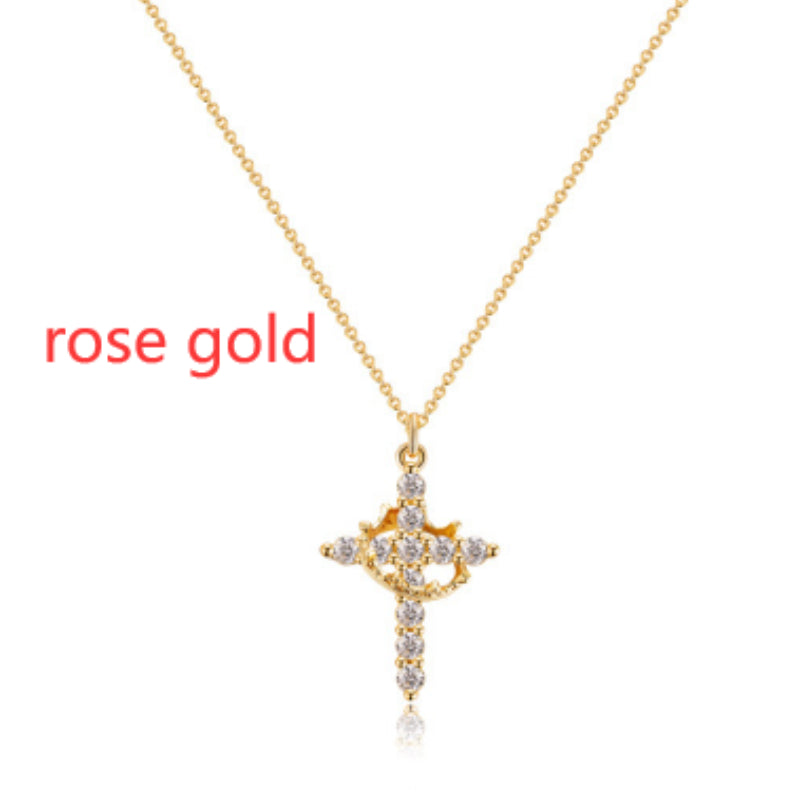 Fashion Jewelry Cross Full Diamond Crown Rotatable Pendant Necklace