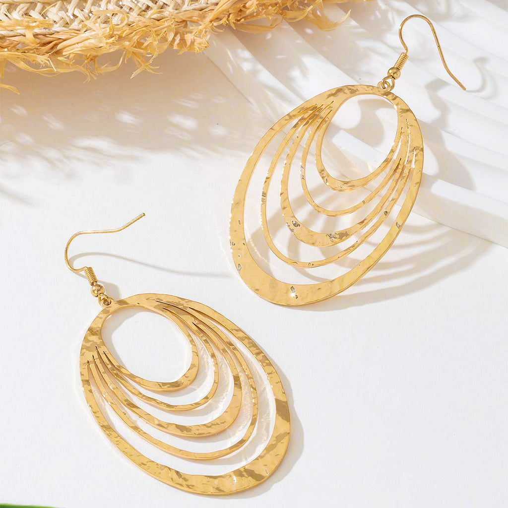 Elegant European & American Fashion 3-Layer Hollow Oval Gold-Tone Stainless Steel Dangle Drop Earrings