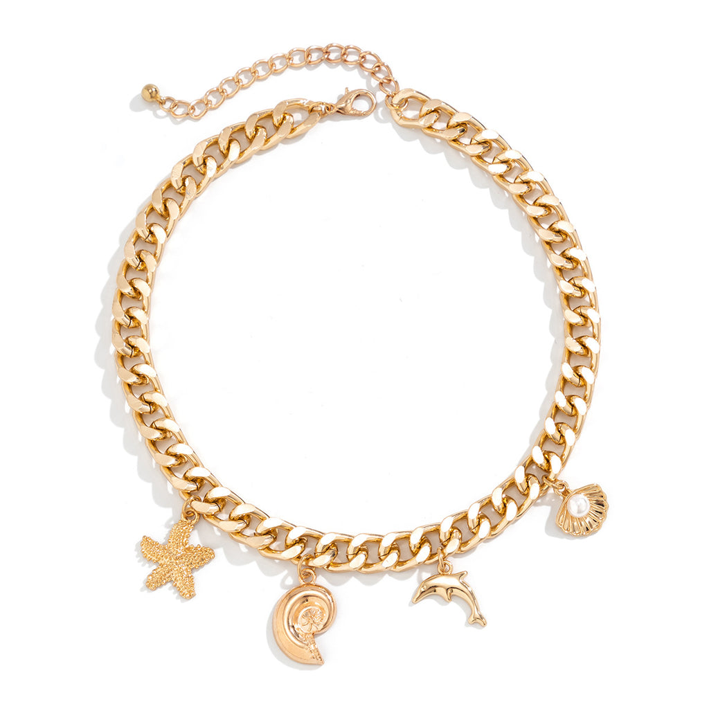 Boho Conch Dolphin Starfish Pendant Choker Necklace & Bracelets for Women – Trendy Vintage Tassel Chain Grunge Fashion Jewelry
