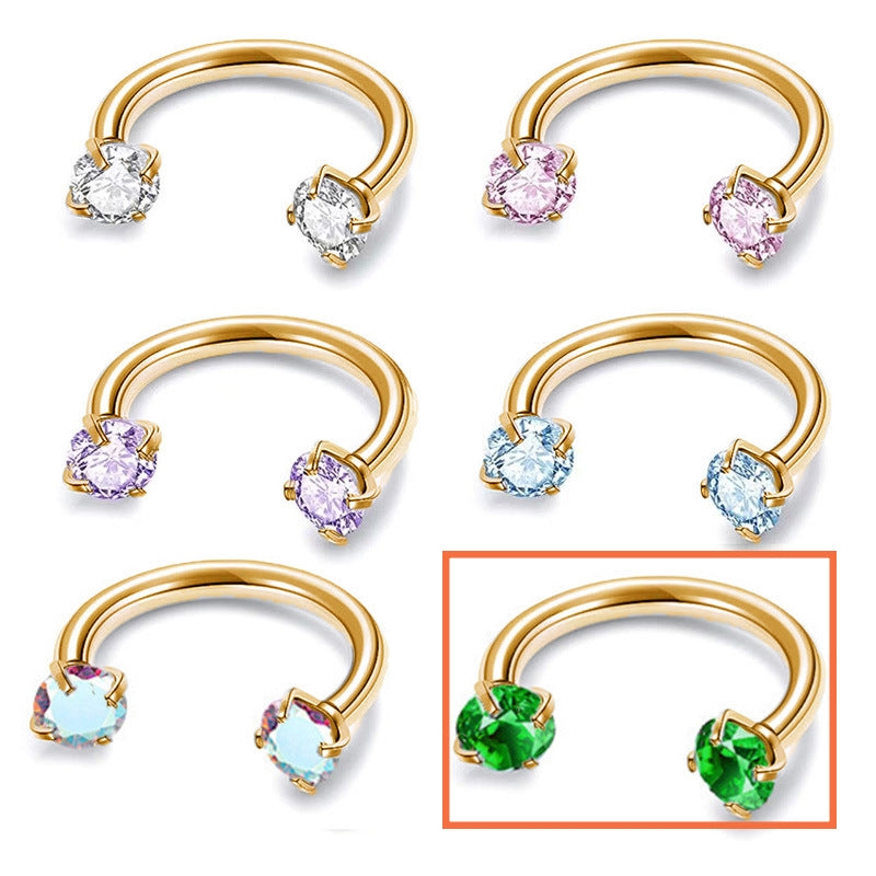 G23 Multi-Color Zircon Horseshoe Ring Double-Headed Inner-Tooth Stud Ear Bone Nail Earring
