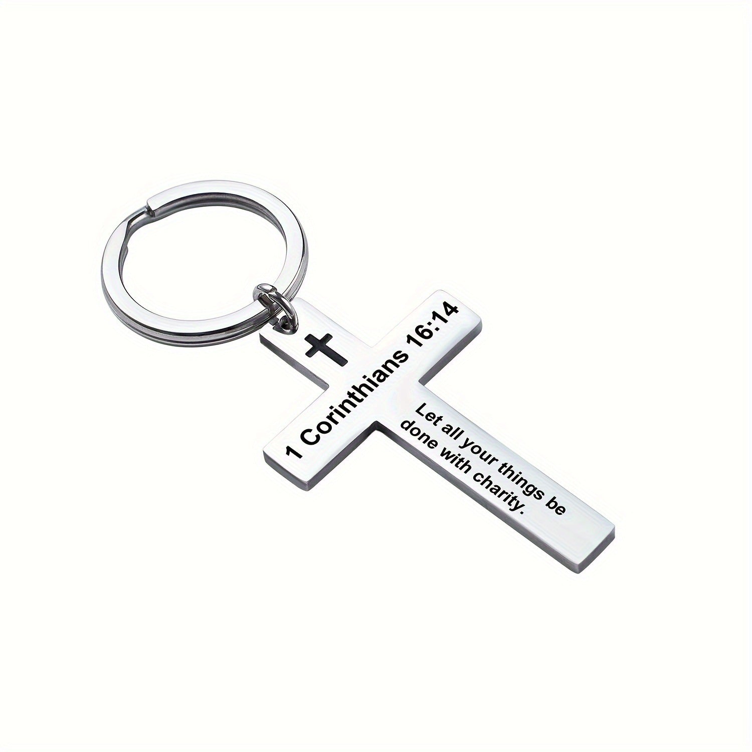 Personality Trend Stainless Steel Faith Cross Keychain with Scripture Lettering – Durable Metal Religious Pendant Accessory