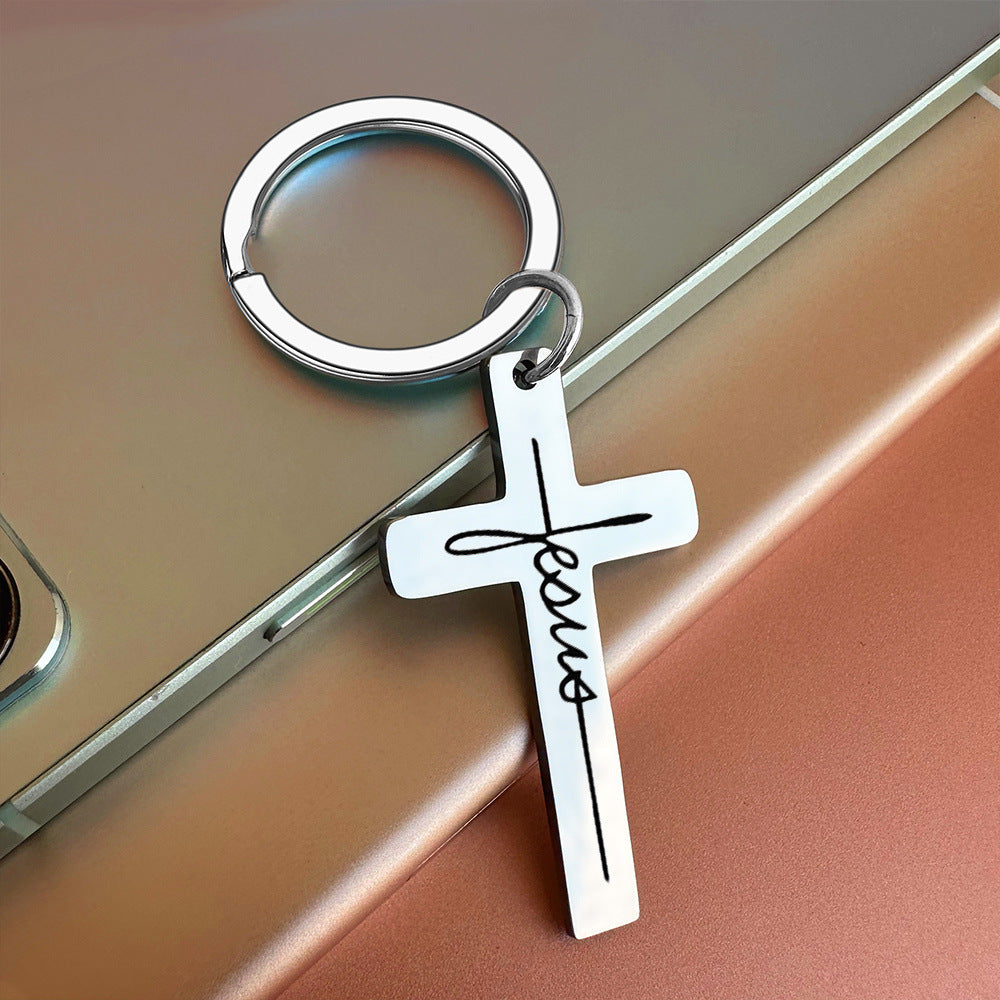 Personality Trend Stainless Steel Faith Cross Keychain with Scripture Lettering – Durable Metal Religious Pendant Accessory