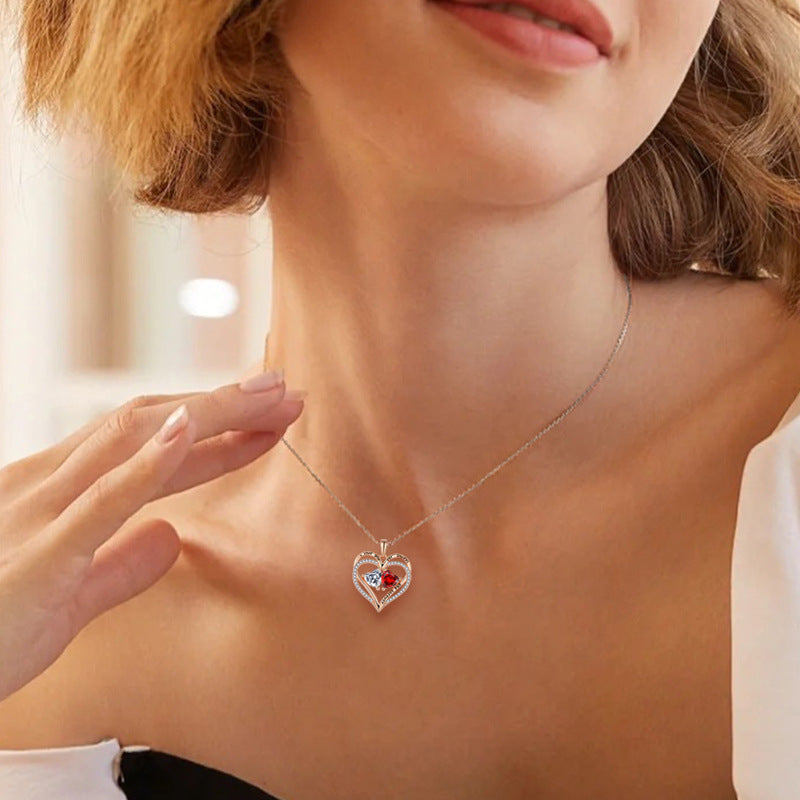 S925 Silver Double Heart Love Necklace with Rhinestones – Fashionable, Unique Design – Perfect Valentine's Day Gift