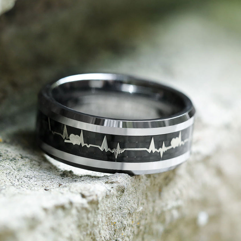 Fashionable Carbon Fiber Love ECG Ring – Pure Titanium Durable Unisex Jewelry