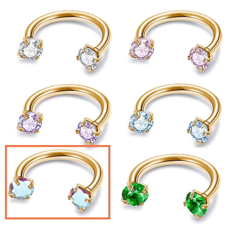 G23 Multi-Color Zircon Horseshoe Ring Double-Headed Inner-Tooth Stud Ear Bone Nail Earring