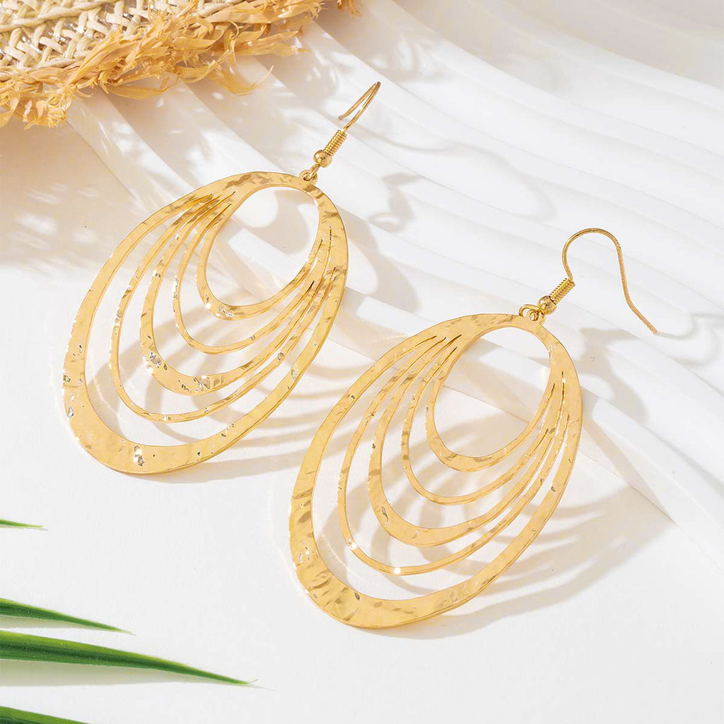 Elegant European & American Fashion 3-Layer Hollow Oval Gold-Tone Stainless Steel Dangle Drop Earrings